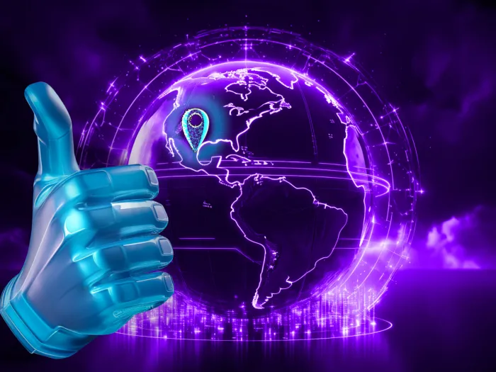 Se muestra un globo terráqueo señalando a Monterrey como cuna de talentos con una mano haciendo "like" para contratar servicios de nearshoring.